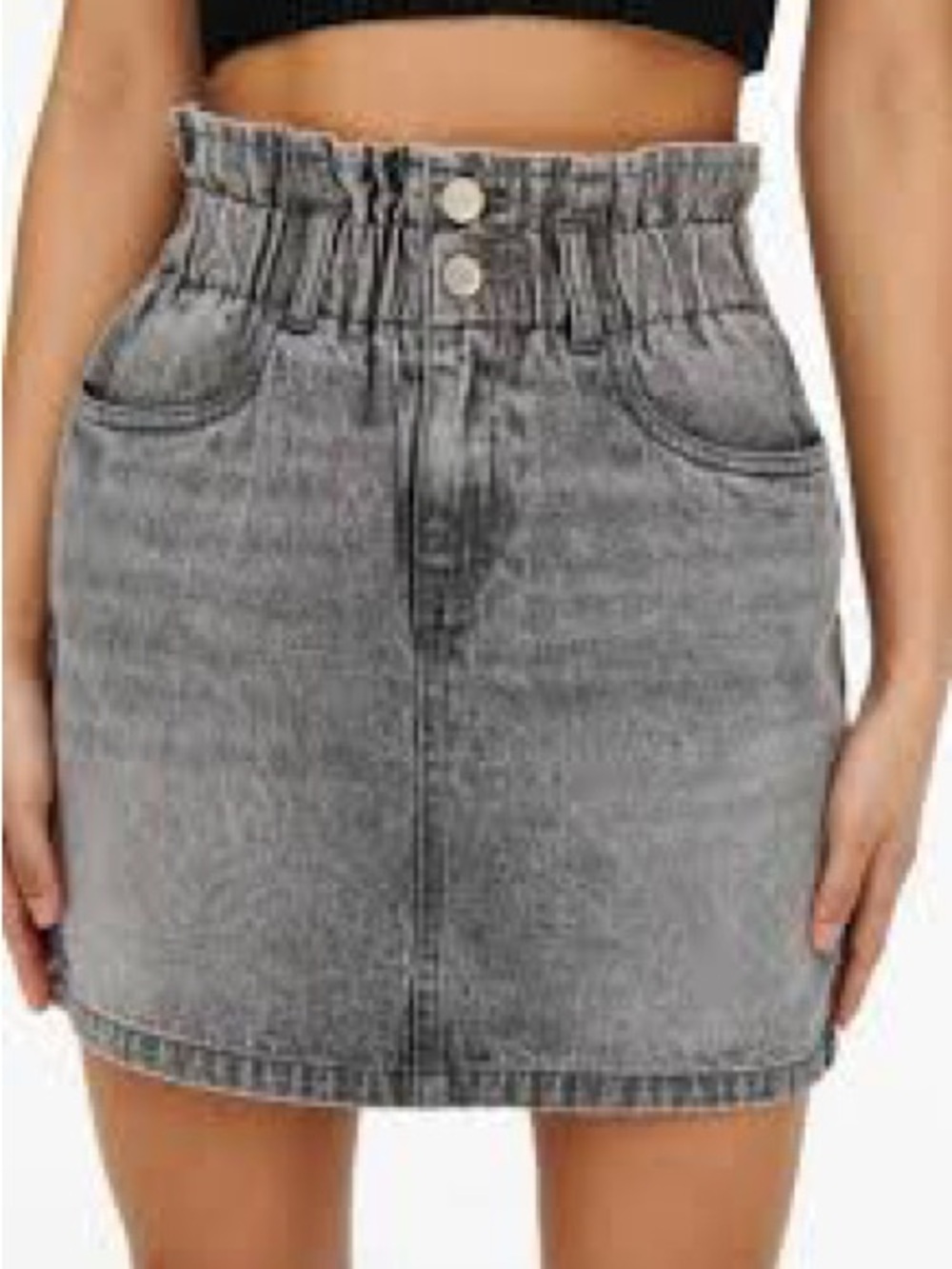 Topshop Washed Gray Paperbag Waist Denim Mini Skirt